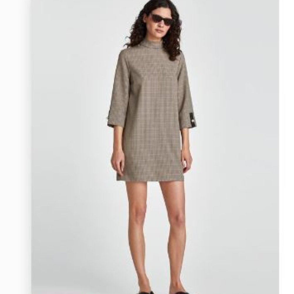 Zara Womens Mini Dress L Brown Checked Faux Pearl